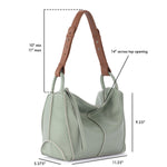 Sage green leather hobo bag with brown leather handles and dual top handles, 14" opening width.
