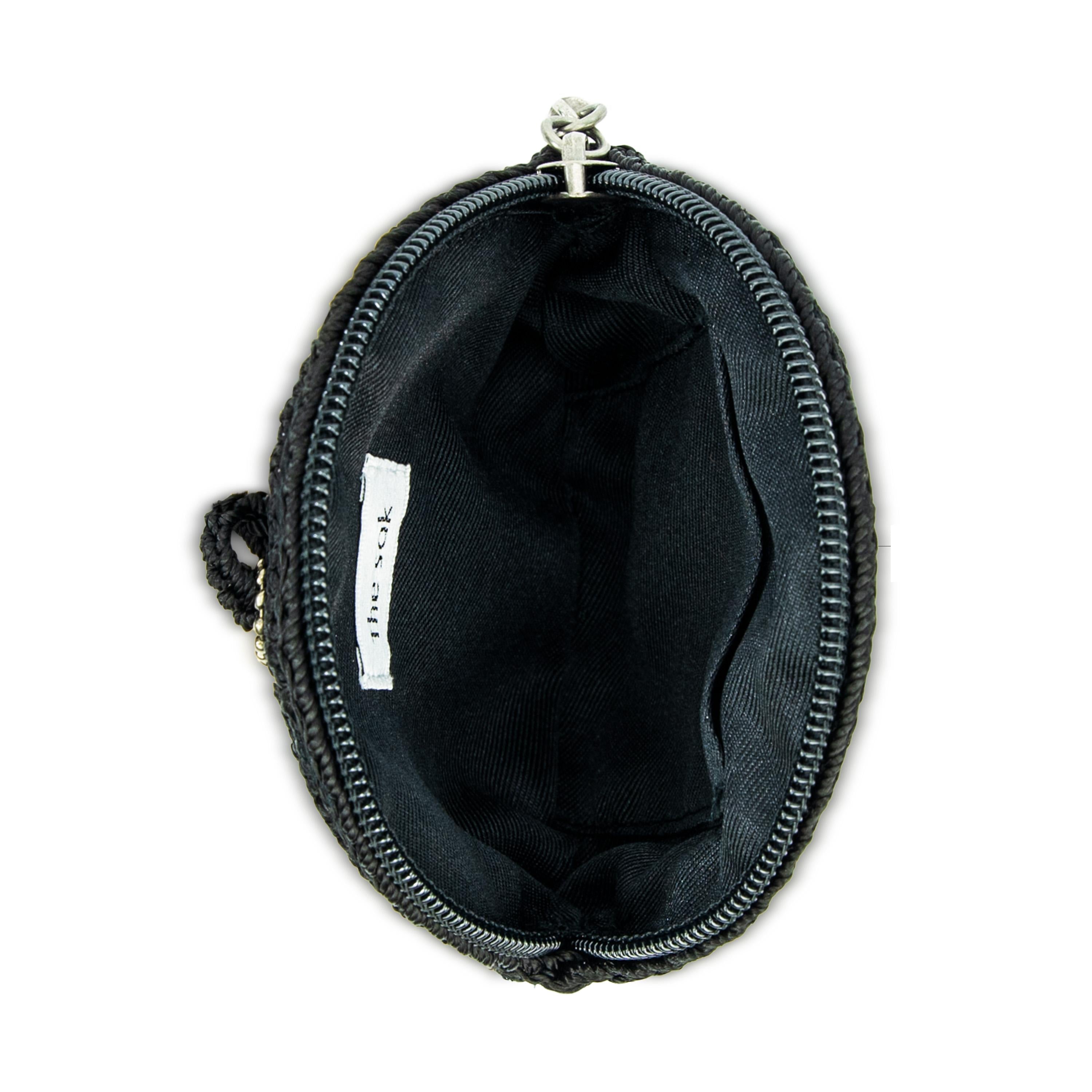 The Sak Circle Coin Pouch - Hand Crochet - Black Silver Heart