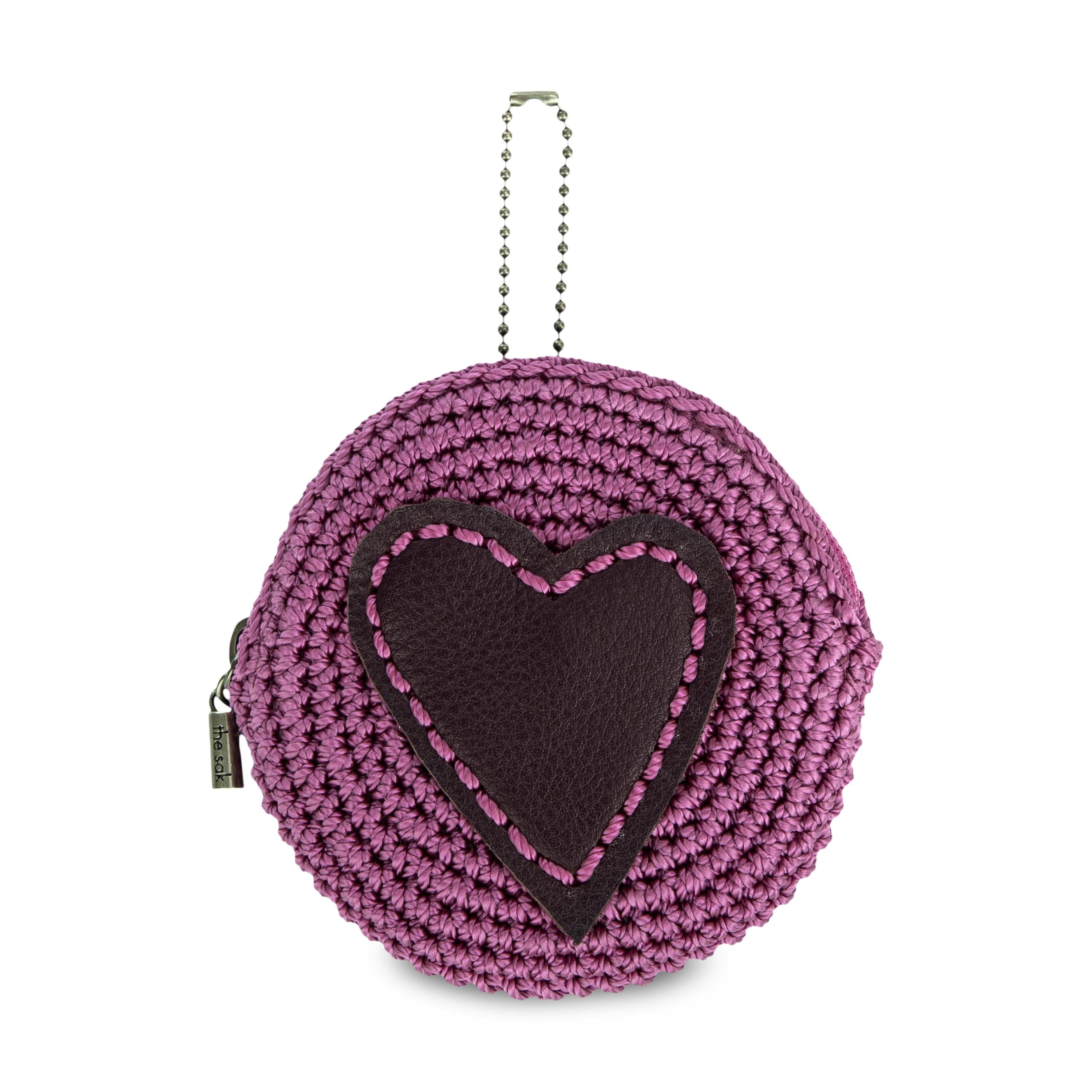 The Sak Circle Coin Pouch - Hand Crochet - Radiant Orchid Aubergine Heart