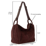 Mahogany suede hobo bag with dual shoulder straps and studded leather trim.