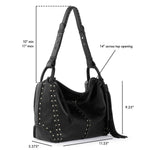 Black leather hobo bag with silver stud detailing and tassel accent.