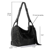 Black leather hobo bag with silver stud detailing and tassel accent.