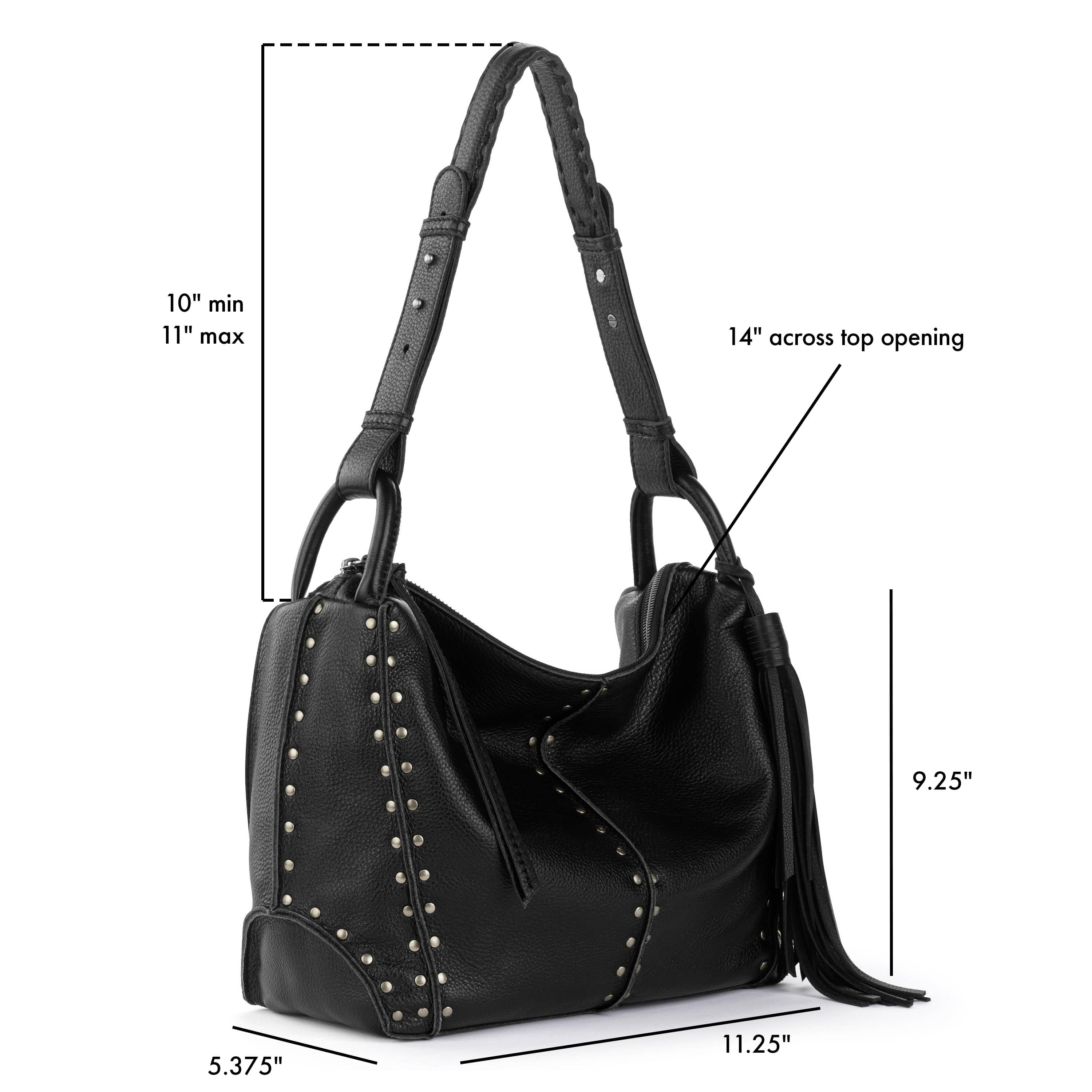 Black leather hobo bag with silver stud detailing and tassel accent.