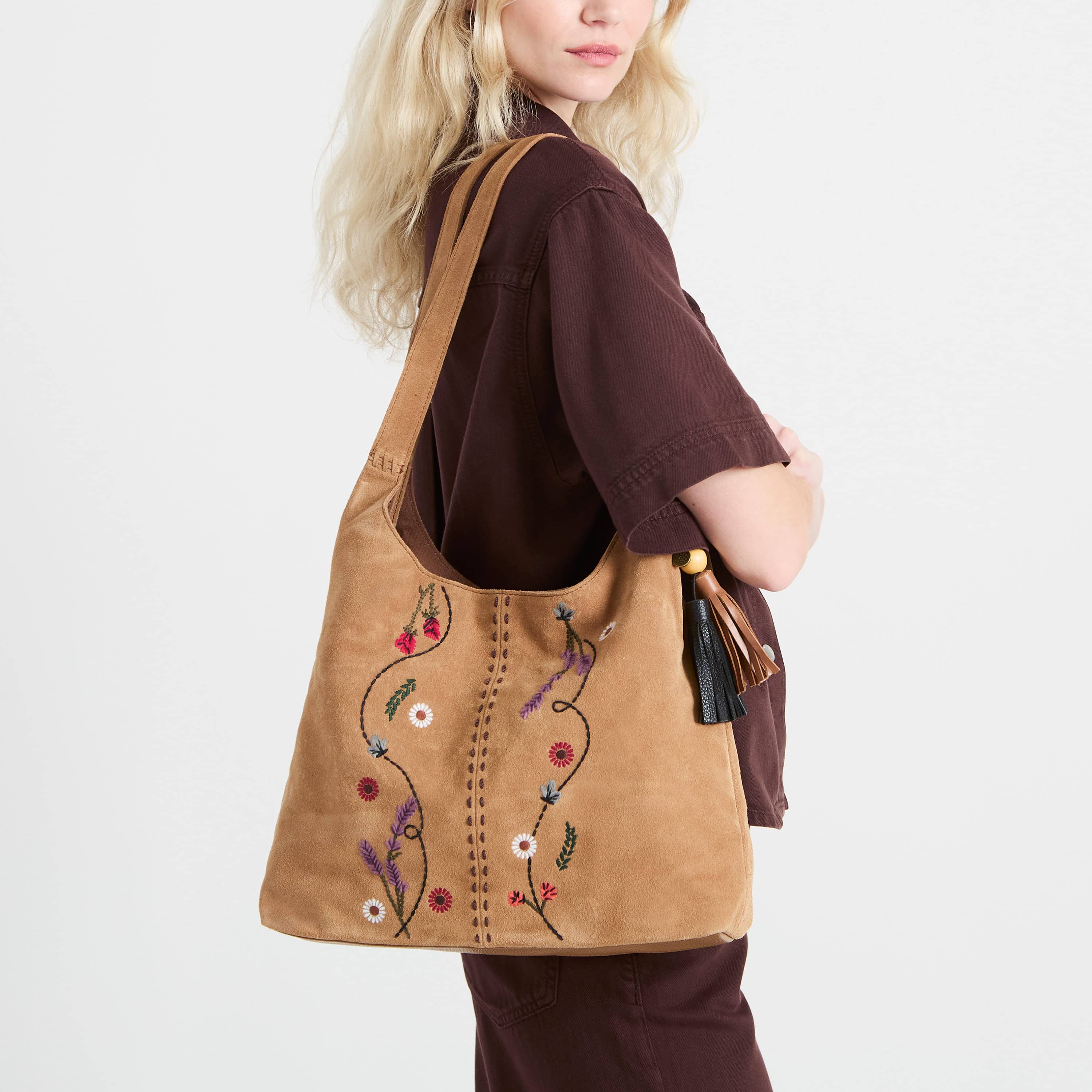 The Sak Huntley Hobo - Leather - Tan Suede Whimsy Floral Embroidery