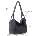 Storm grey suede hobo bag with dual handles and 14" top opening.