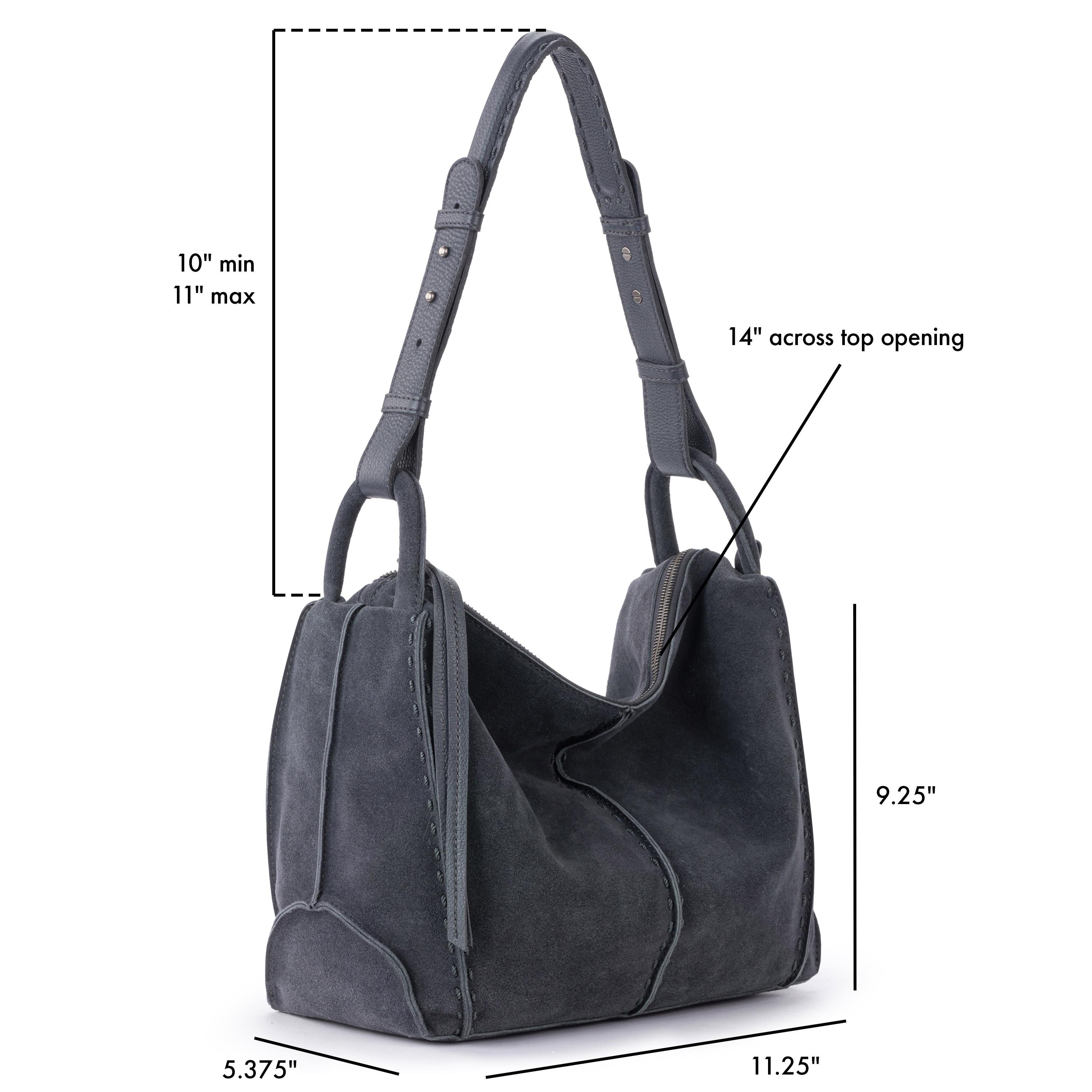 Storm grey suede hobo bag with dual handles and 14" top opening.