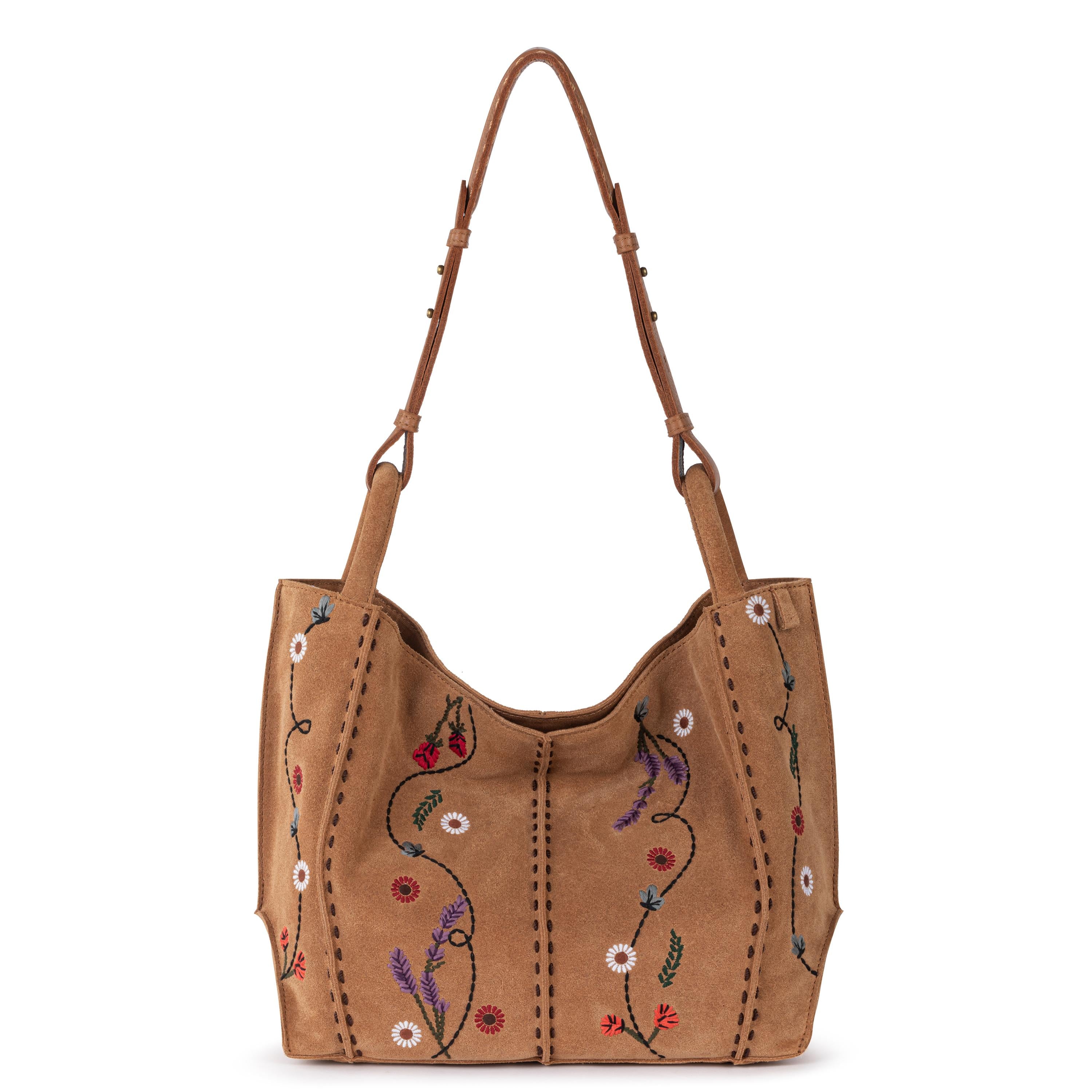 The Sak Los Feliz Medium Tote - Leather - Tan Suede Whimsy Floral Embroidery