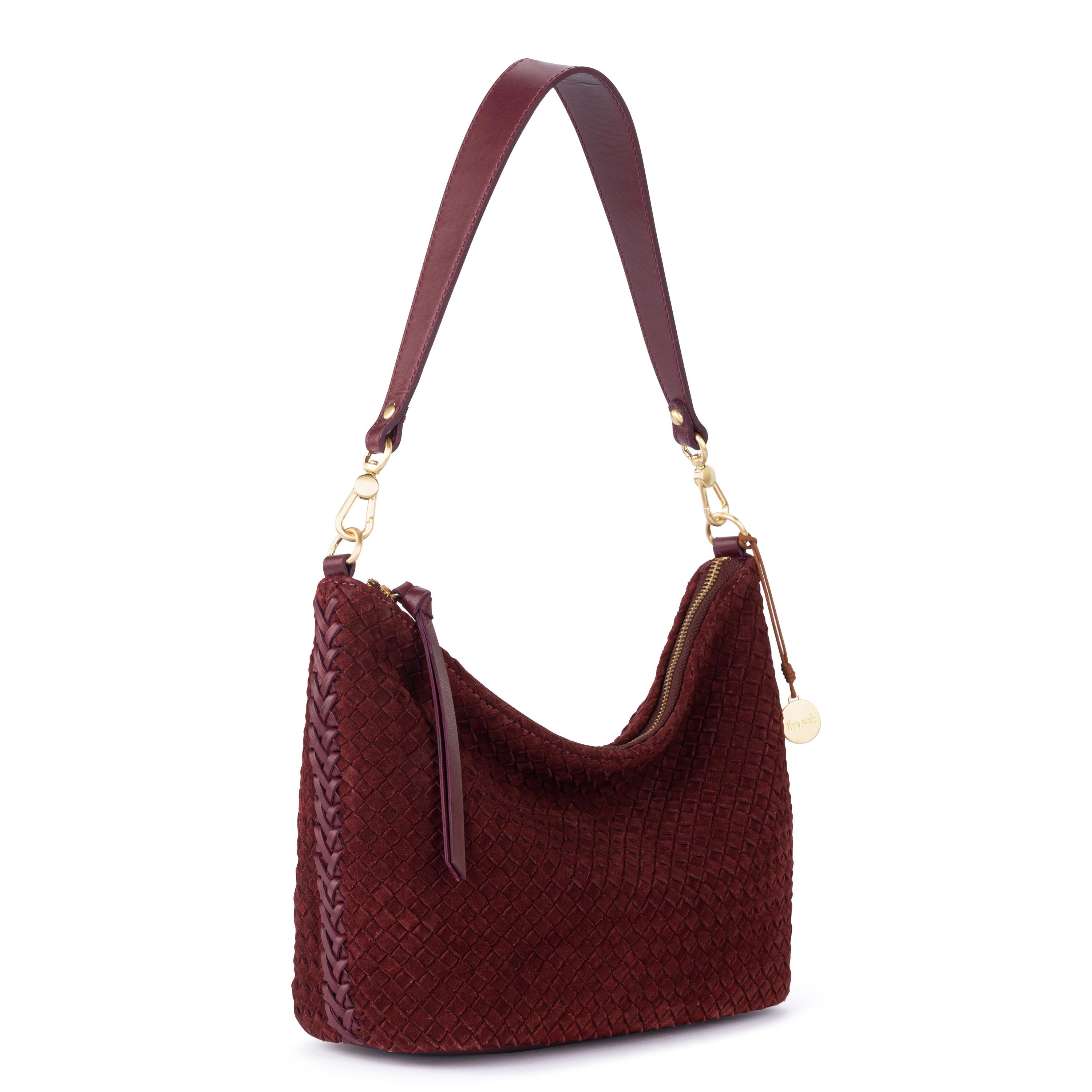 The Sak Juniper Small Hobo - Leather - Black Cherry Suede Woven