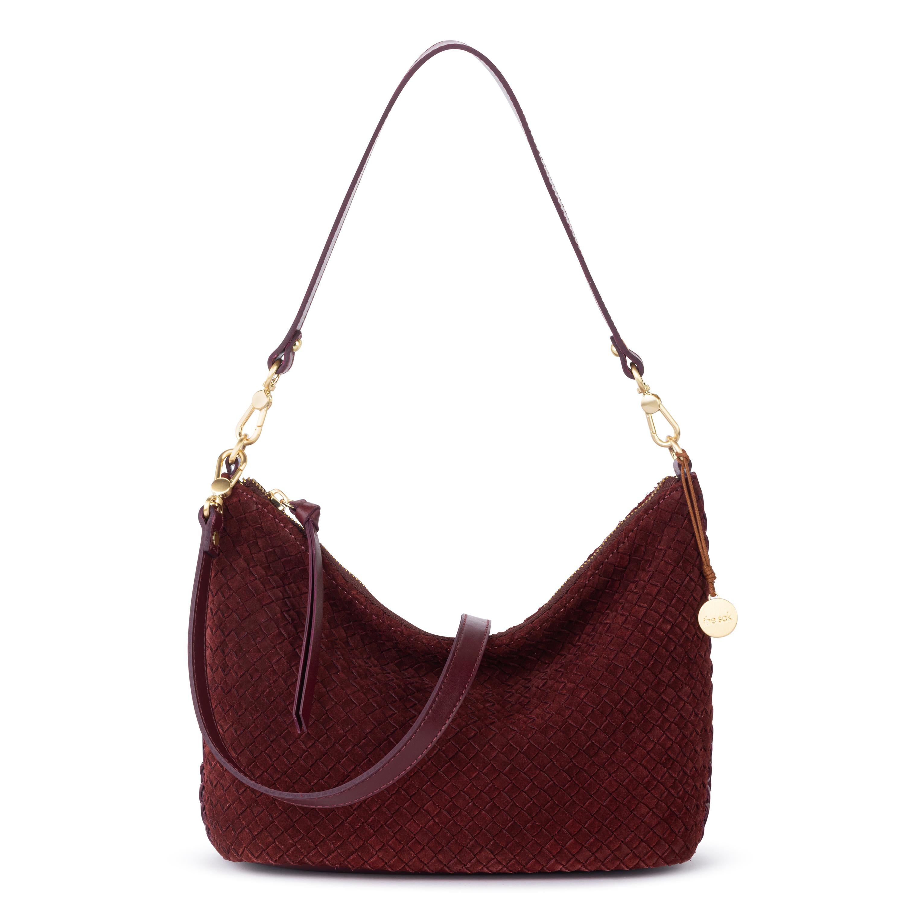 The Sak Juniper Small Hobo - Leather - Black Cherry Suede Woven