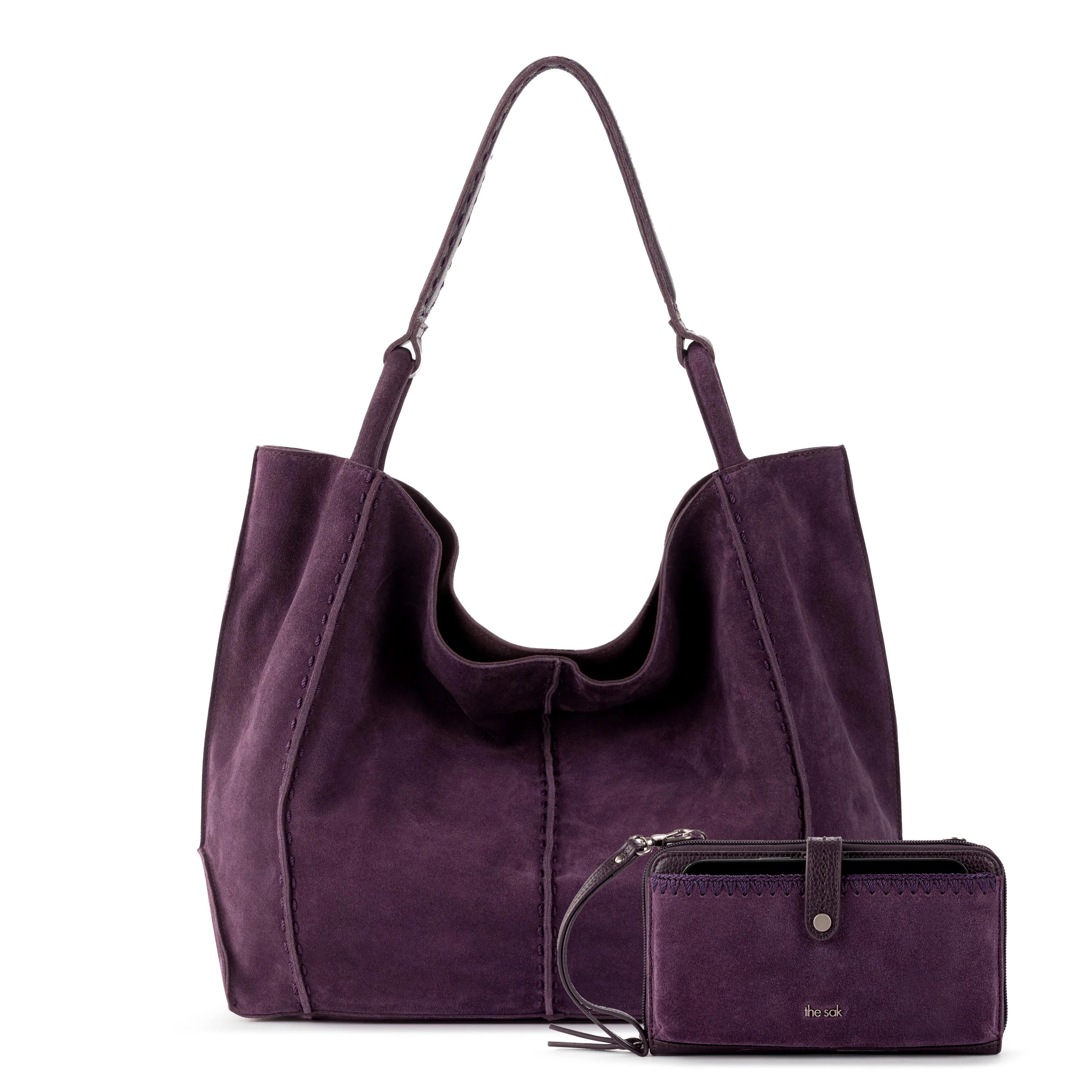 The Sak Los Feliz Large Tote and Iris Smartphone Wallet Bundle - Leather - Aubergine Suede