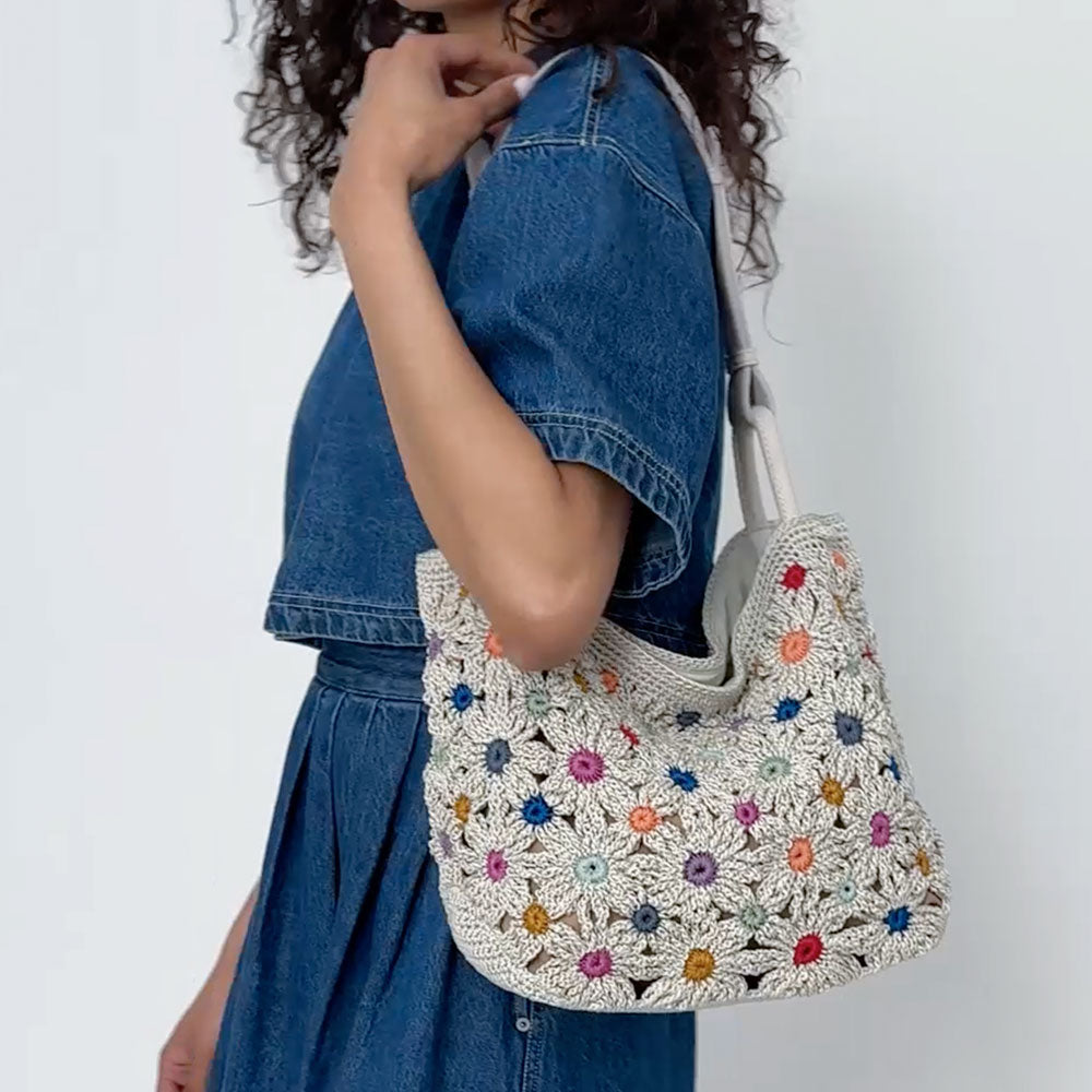 The Sak Los Feliz Med Tote - Hand Crochet - Natural Multi Flowers